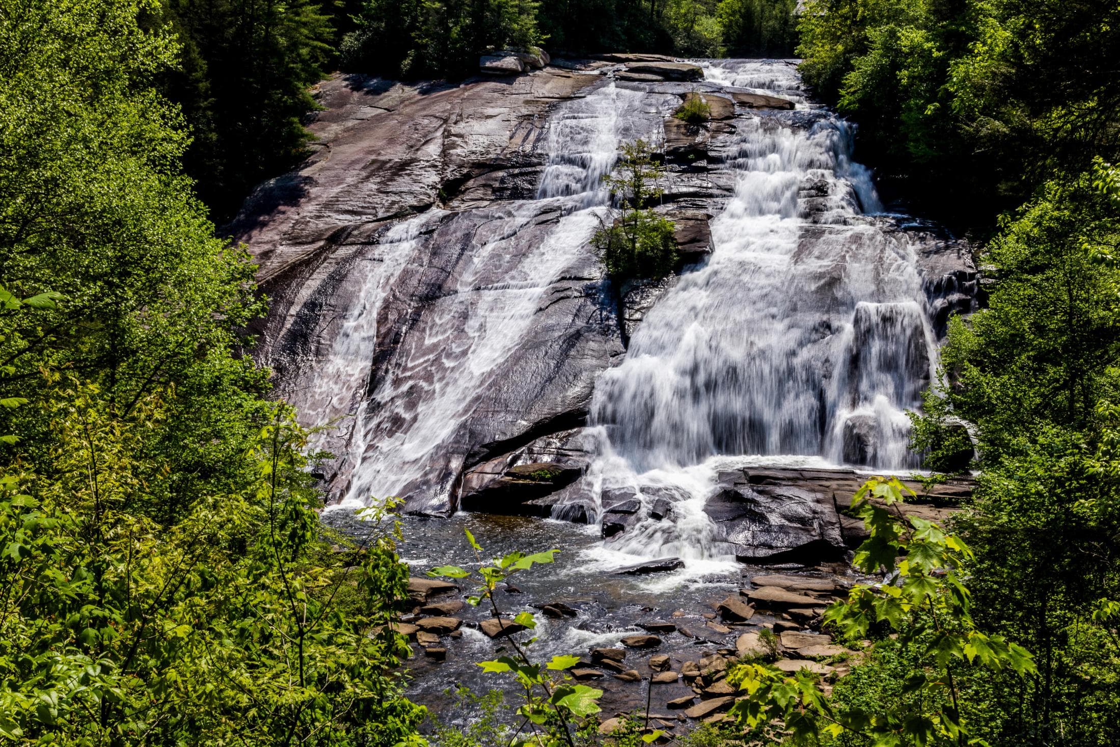 A waterfall cascades down rocks surrounded by green bushes