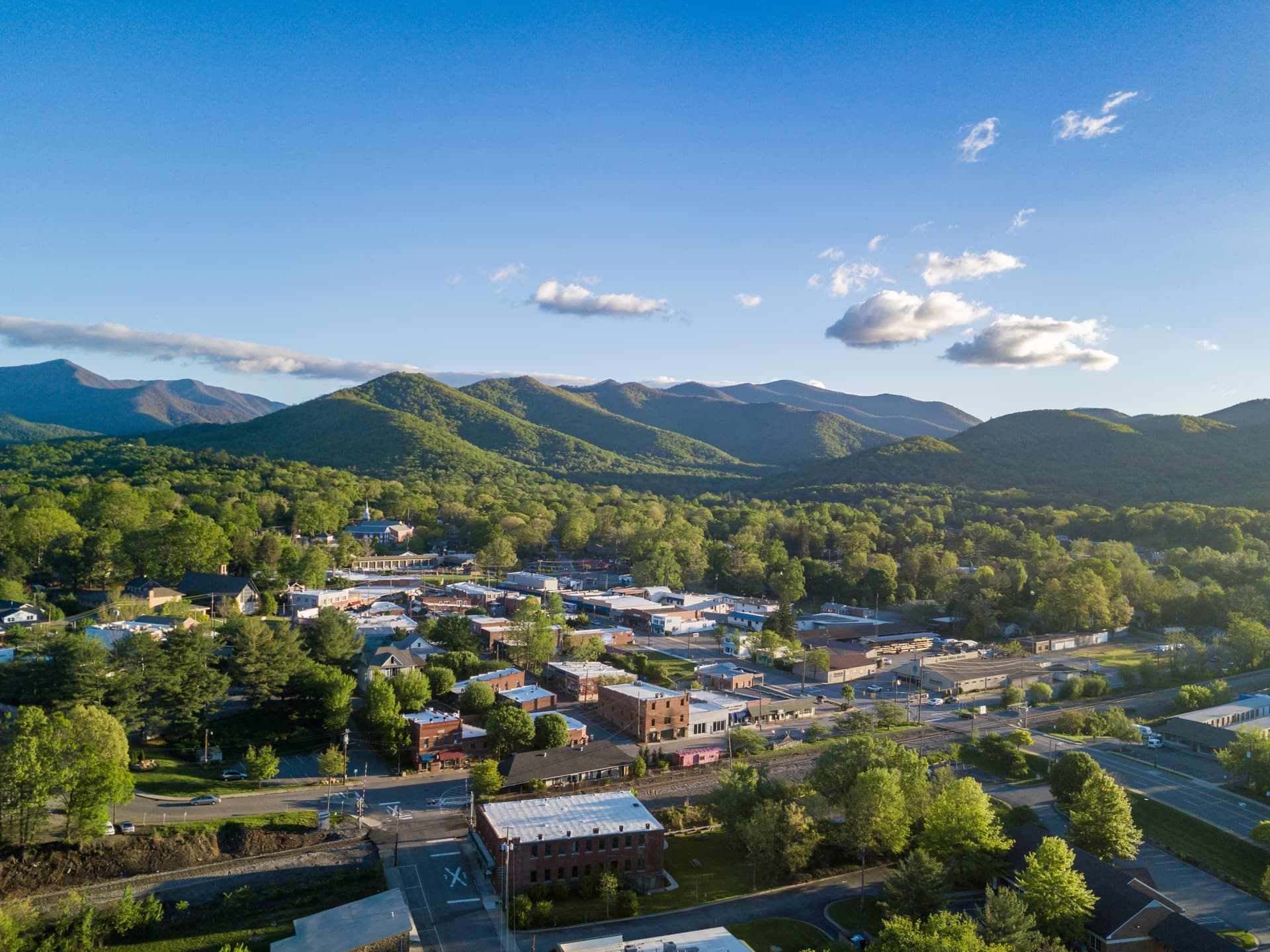 Aerial view of Black Mountain, N.C. and the Seven Sisters Mountain Range